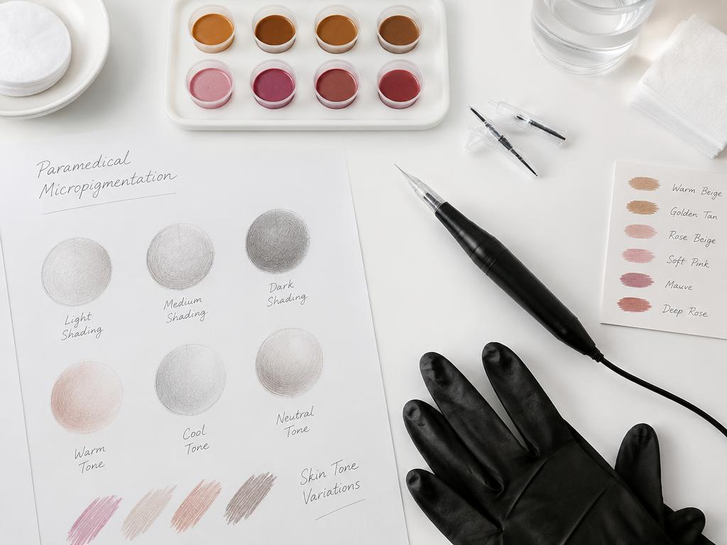 Estudos de desenho e pigmentos para micropigmentação paramédica de aréolas