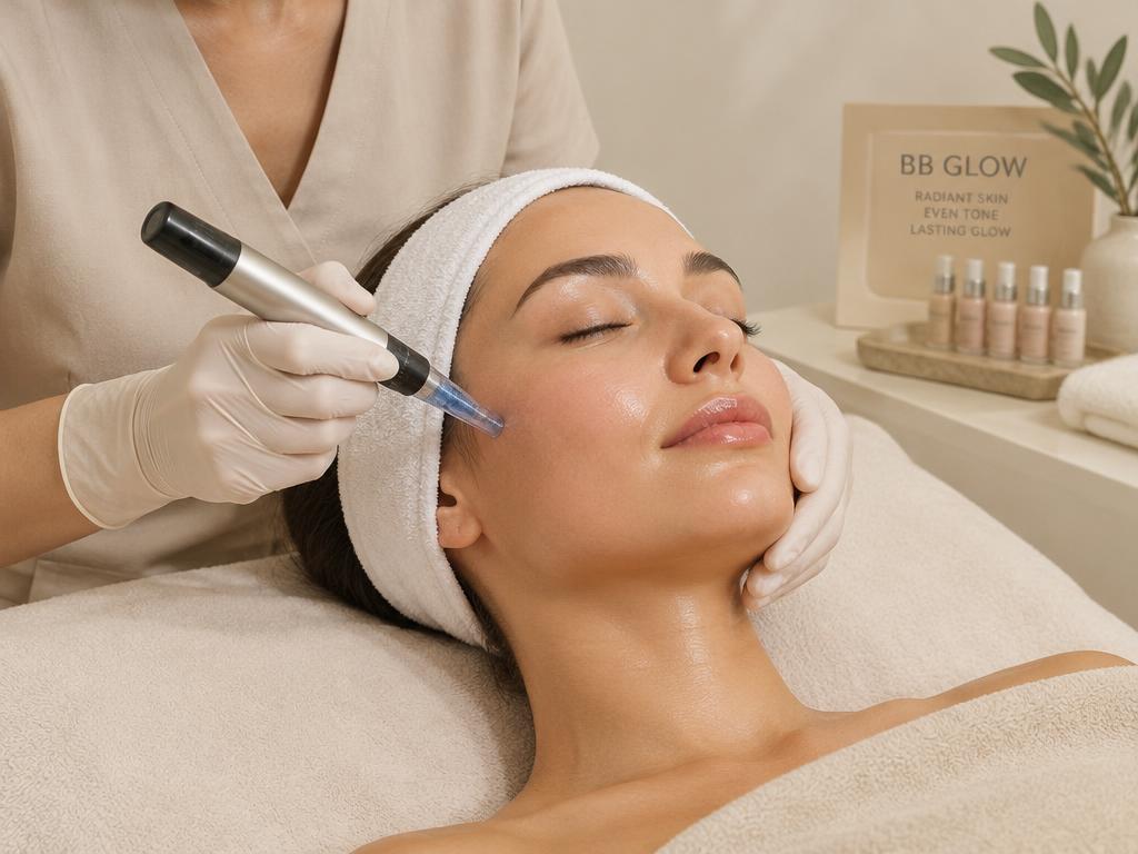Aplicação de BB Glow com caneta de microagulhamento facial