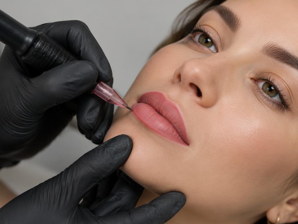 Micropigmentação labial sendo aplicada em tom rosado natural