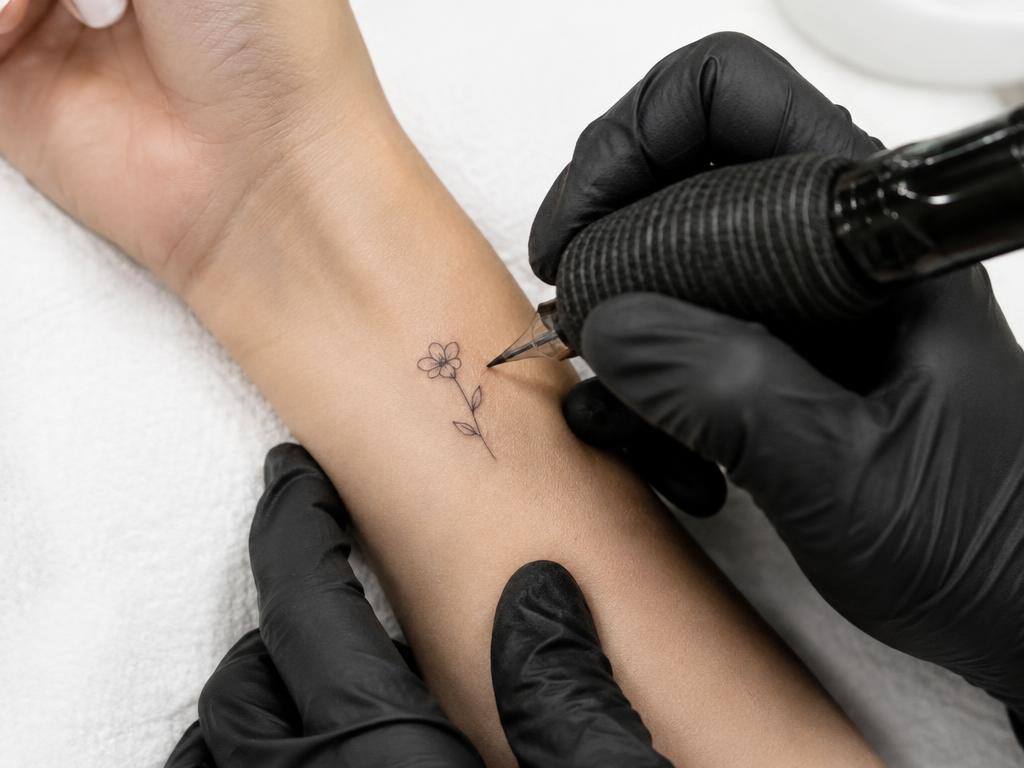 Mini tattoo de traço fino sendo feita no pulso