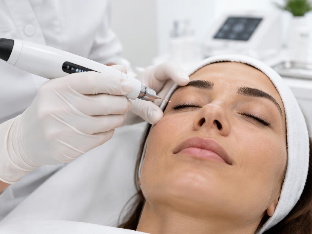Aparelho de jato de plasma estético próximo à região dos olhos